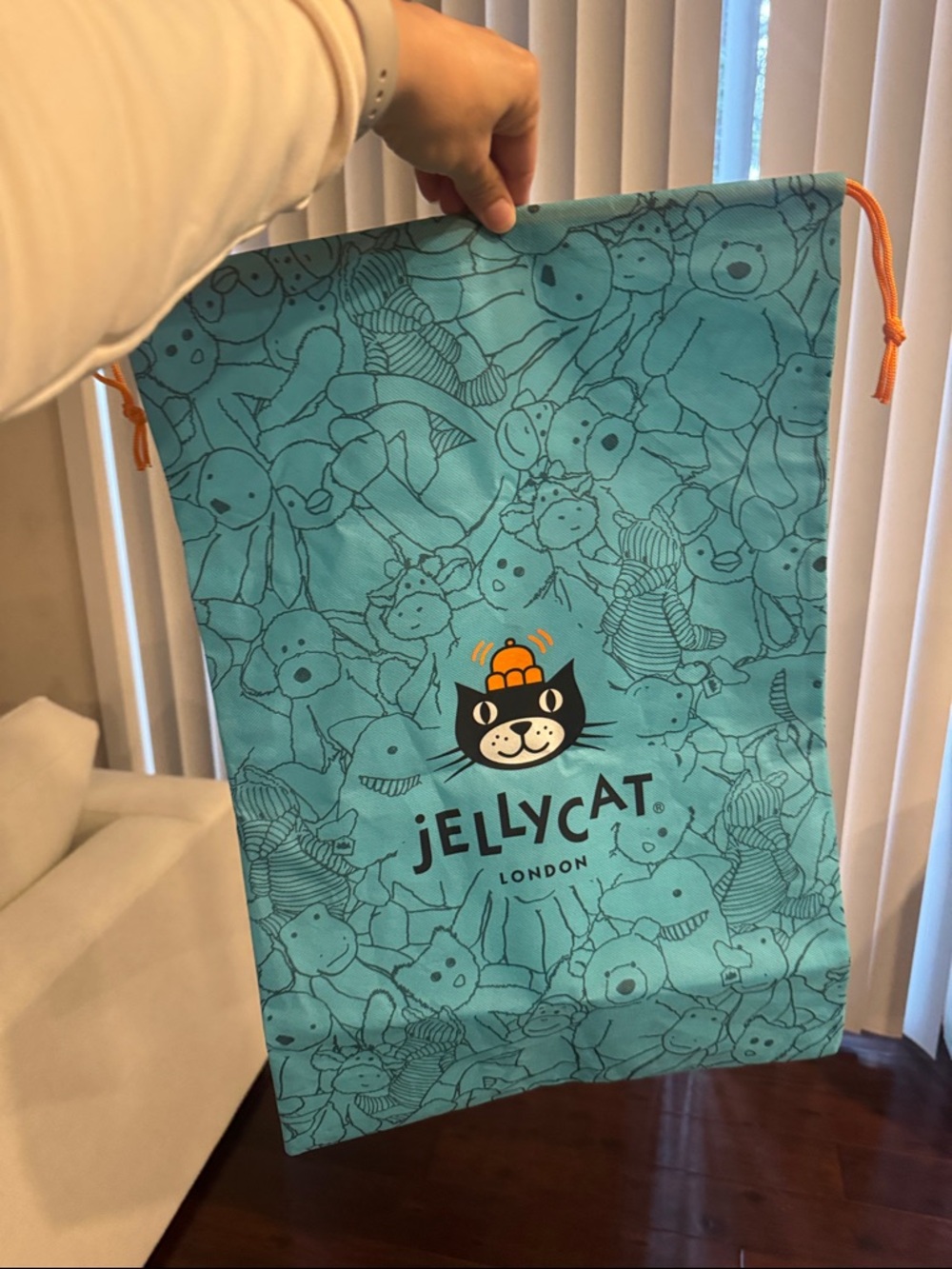 Large Jellycat Teal Toy Drawstring Bag with Orange Cord